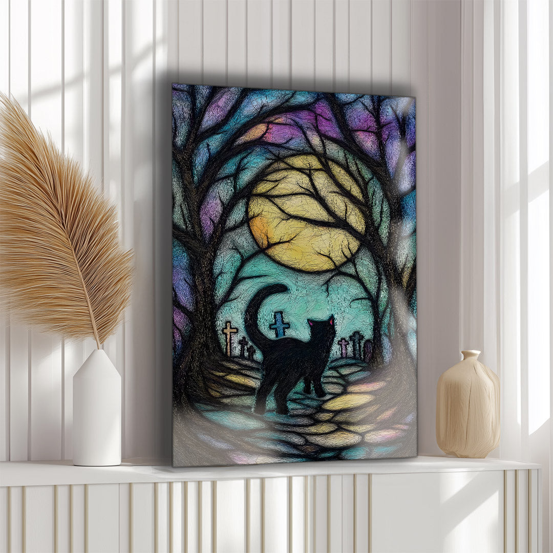 Vibrant metal wall art featuring a whimsical Halloween scene with playful cats in a graveyard, perfect for festive decor.