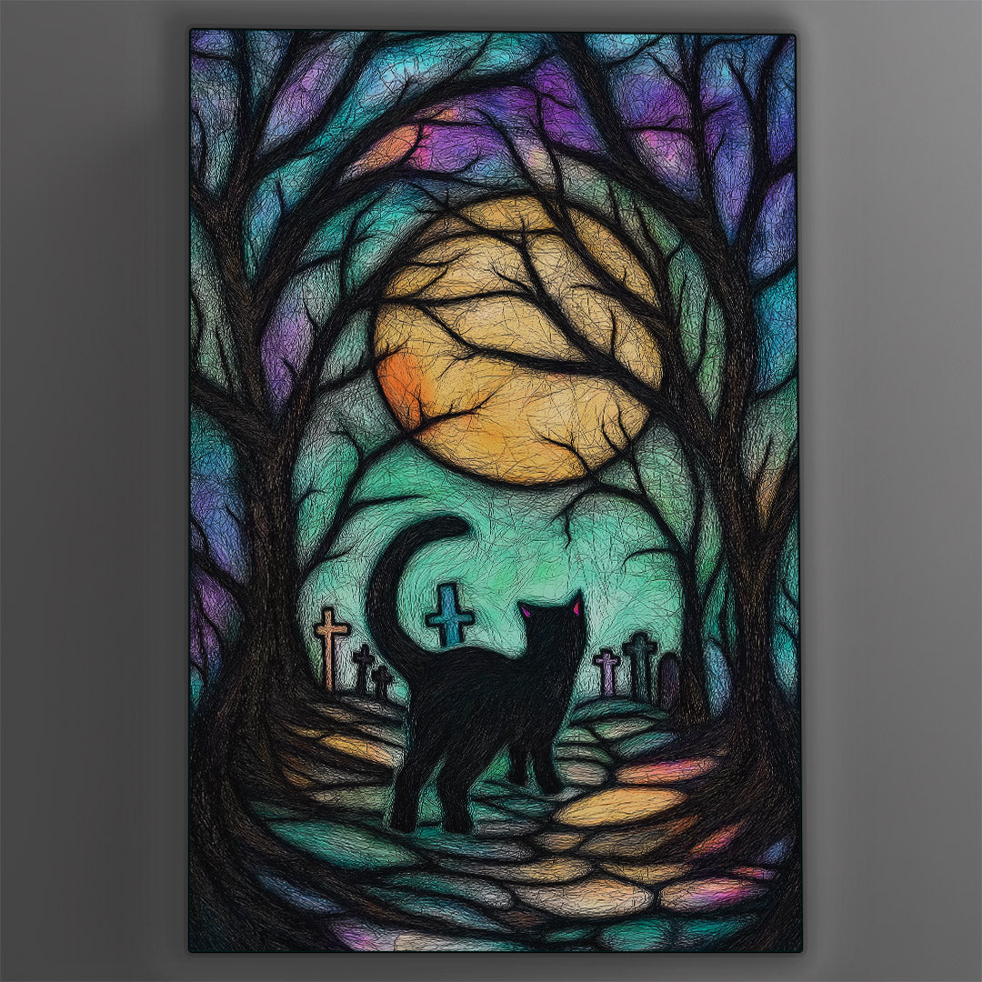 Vibrant metal wall art featuring a whimsical Halloween cat in a graveyard, perfect for adding a playful touch to your seasonal decor.