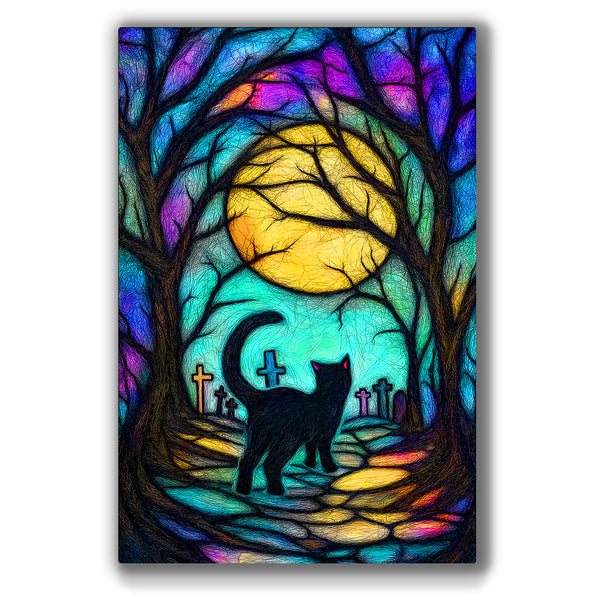 Vibrant metal wall art featuring a spooky Halloween cat in a graveyard, perfect for adding a festive touch to your decor.