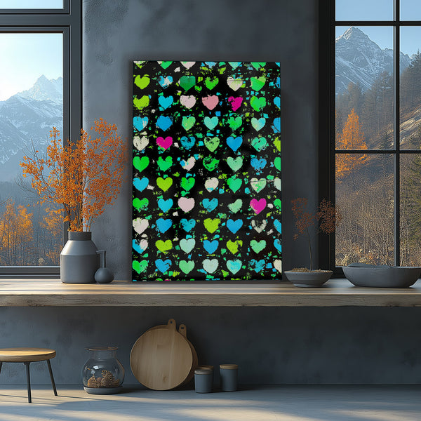 Vibrant metal wall art featuring a heart collage, perfect for adding a touch of color and warmth to any space.