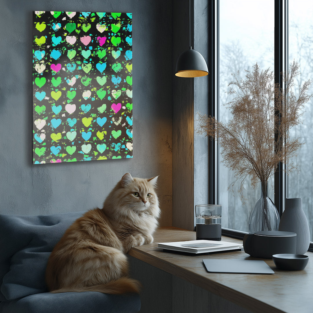 Vibrant metal wall art featuring a heart collage design, perfect for adding a pop of color and personality to any space.