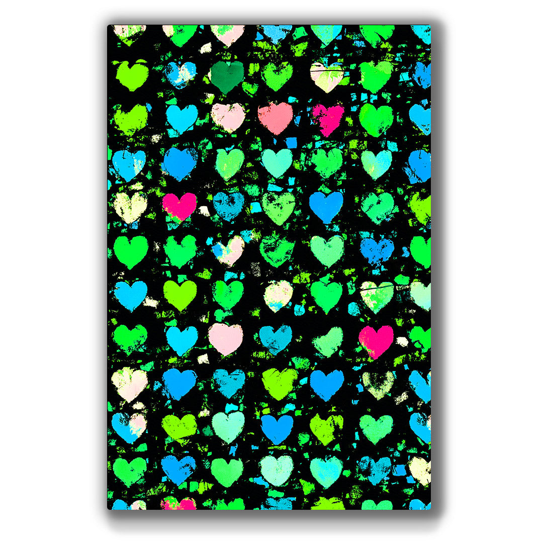 Vibrant metal wall art featuring a colorful heart collage, perfect for adding a lively touch to any space.