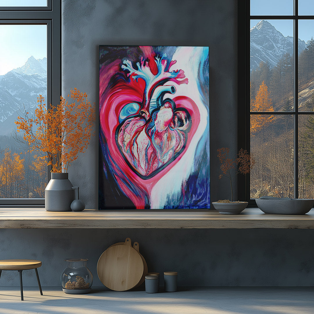 Vibrant metal wall art featuring a striking heart illustration, perfect for adding color and emotion to any space.