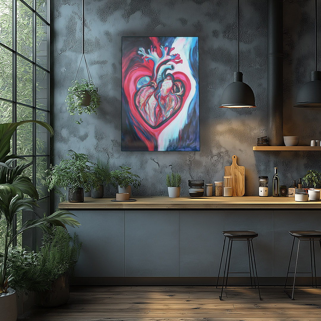 Vibrant metal wall art featuring a heart illustration, perfect for adding a pop of color and style to any kitchen decor.