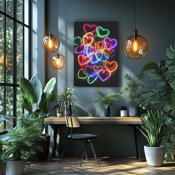 Vibrant metal wall art featuring a neon heart collage, perfect for adding a pop of color and modern flair to any space.