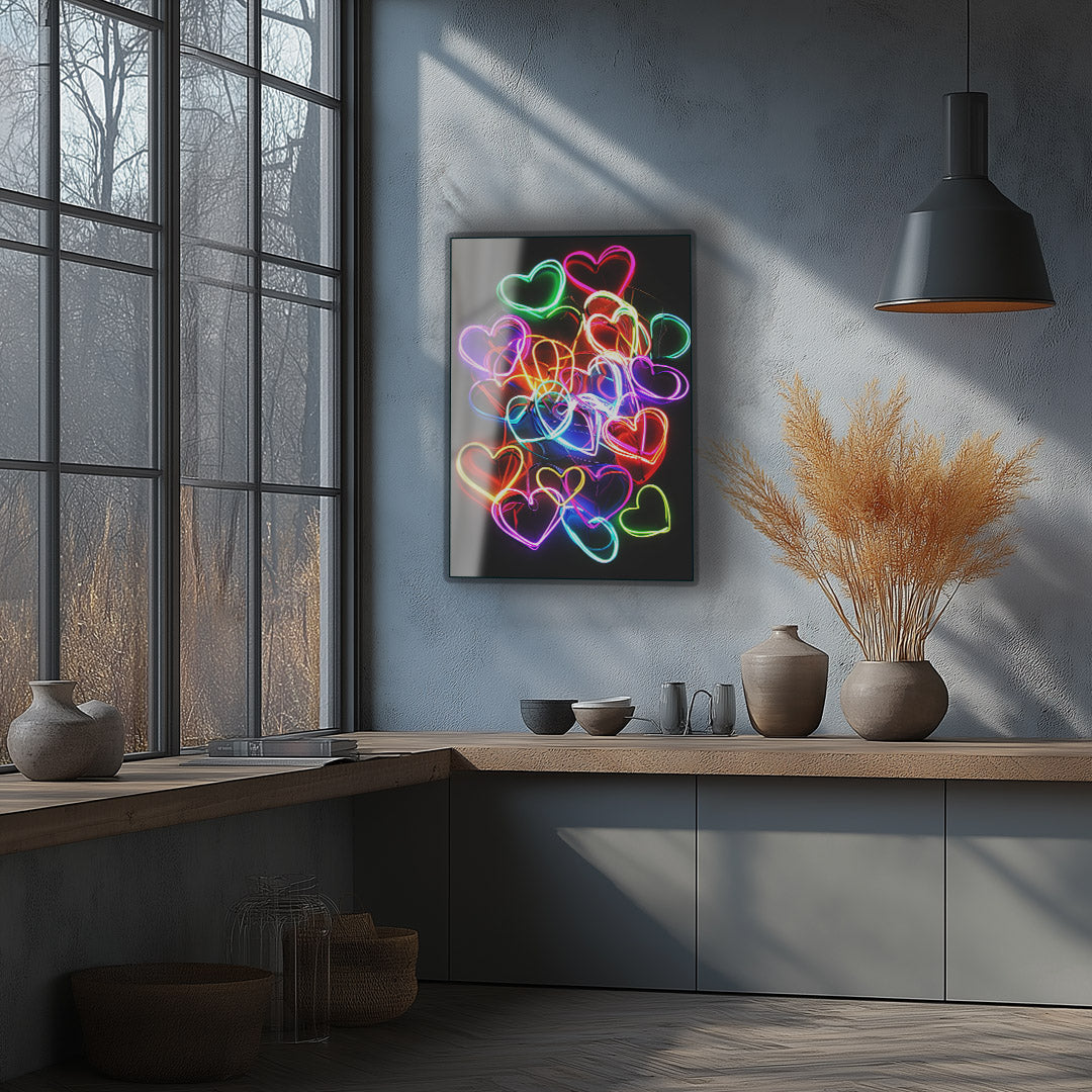 Vibrant metal wall art featuring a colorful heart collage, perfect for adding a modern touch to any kitchen or living space.