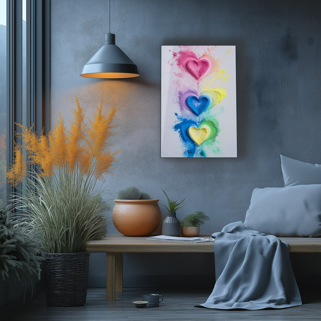 Vibrant metal wall art featuring colorful heart designs, perfect for adding a playful touch to any space.