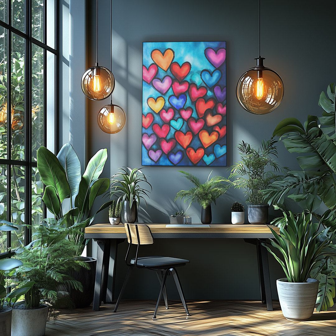 Vibrant metal wall art featuring a colorful heart collage, perfect for adding a stylish and artistic touch to any space.