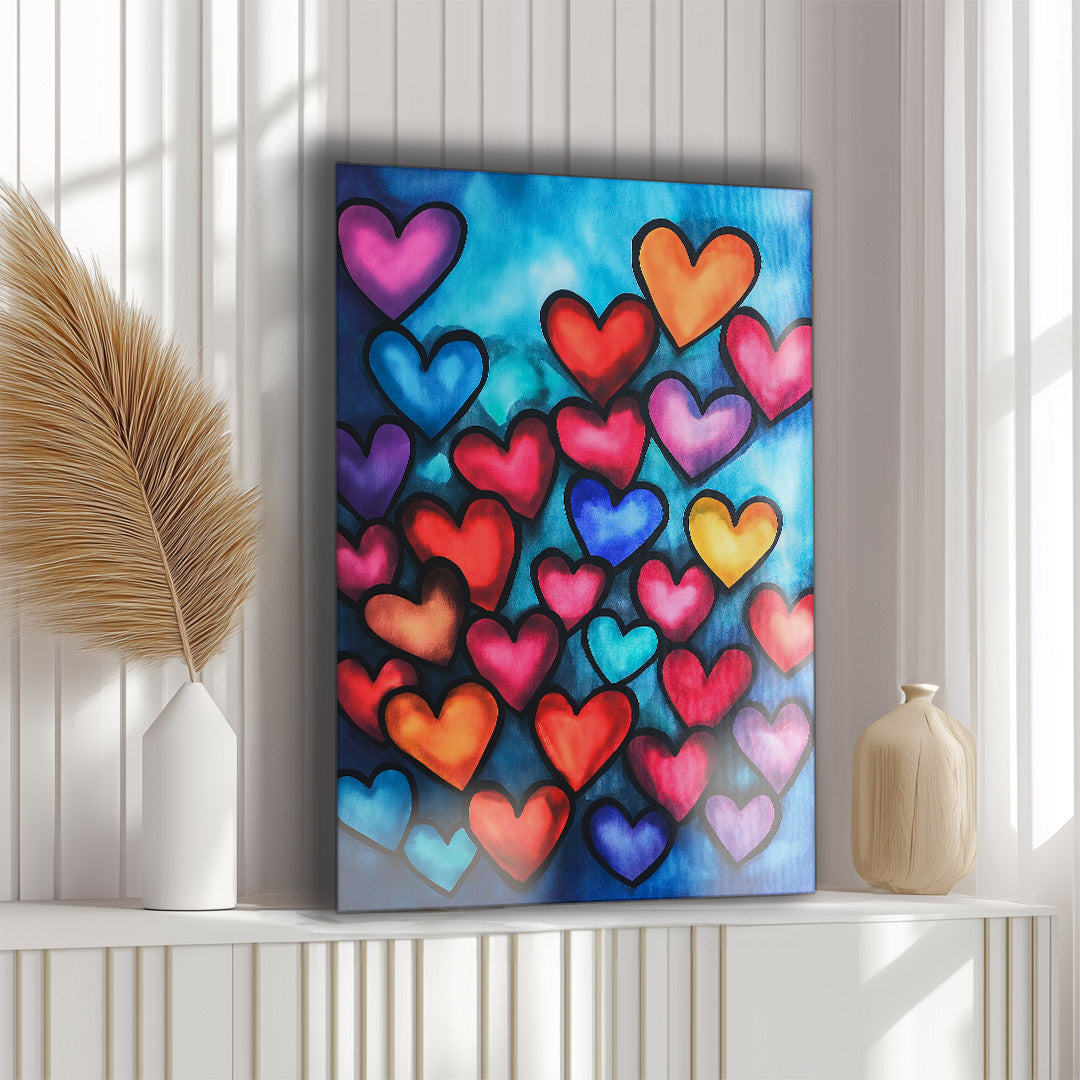 Vibrant metal wall art featuring a colorful heart collage, perfect for adding a bold, artistic touch to any space.