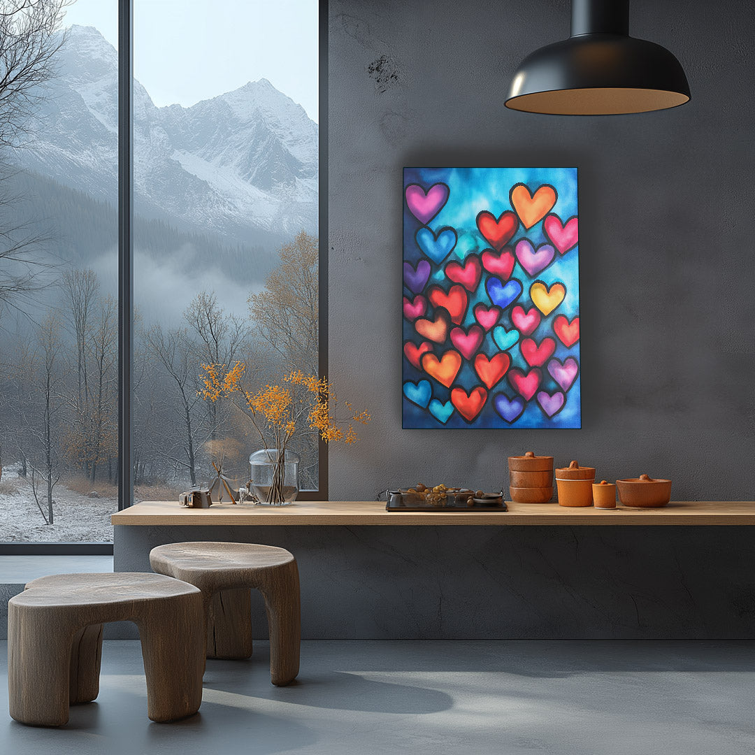 Vibrant metal wall art featuring a stunning hearts collage, perfect for adding color and charm to any space.