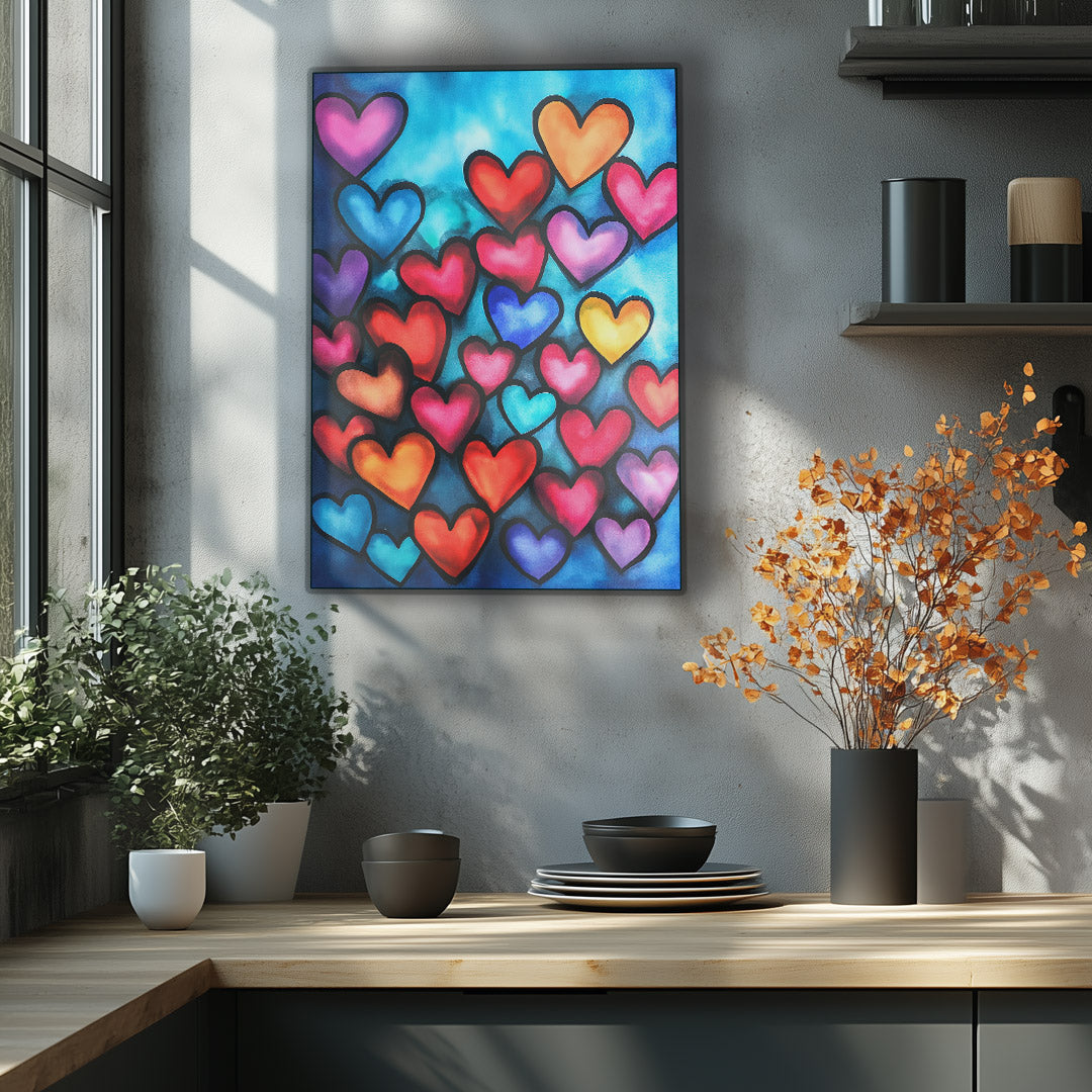 Vibrant metal wall art featuring a colorful heart collage, perfect for adding a lively touch to any space.