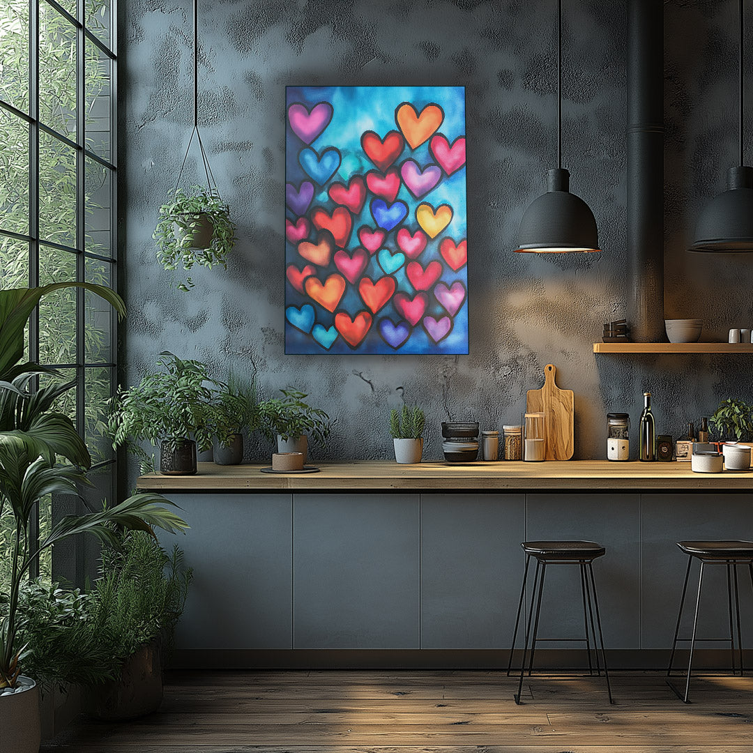 Vibrant metal wall art featuring a colorful heart collage, perfect for adding a modern touch to any space.