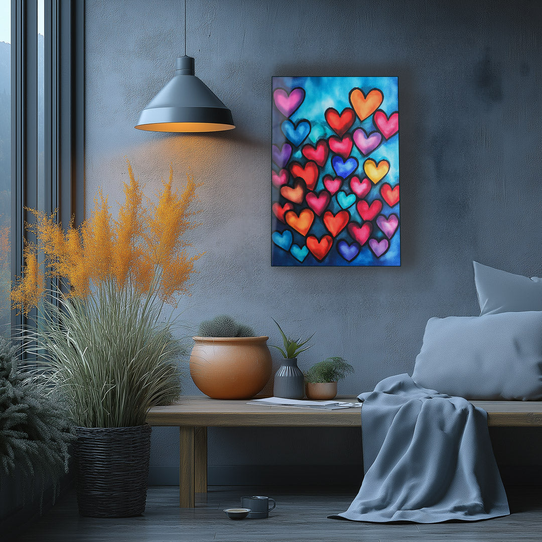 Vibrant metal wall art featuring a colorful heart collage, perfect for adding a cheerful touch to any kitchen or living space.