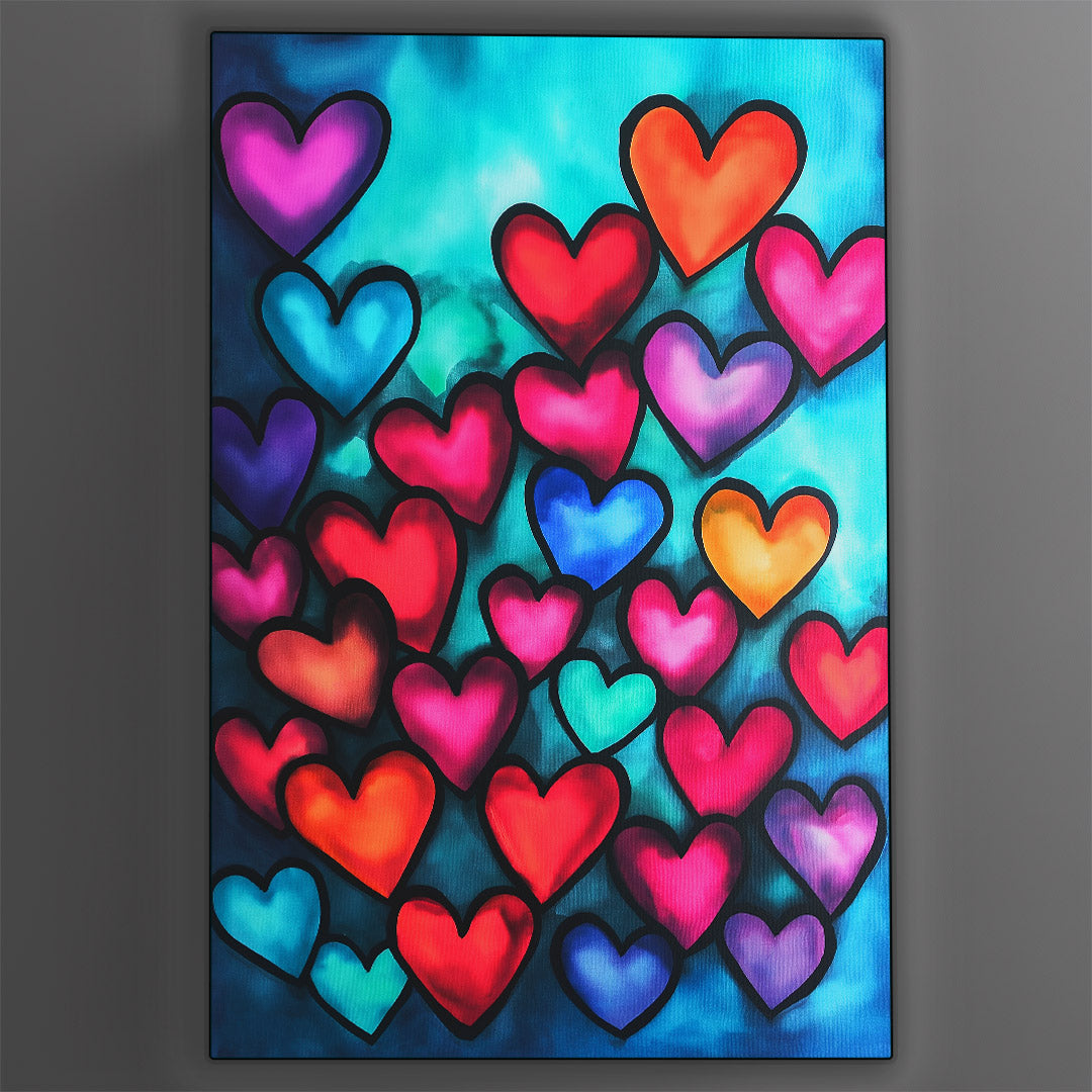 Vibrant metal wall art featuring a heart collage, perfect for adding a colorful touch to any space with its bold design and modern appeal.