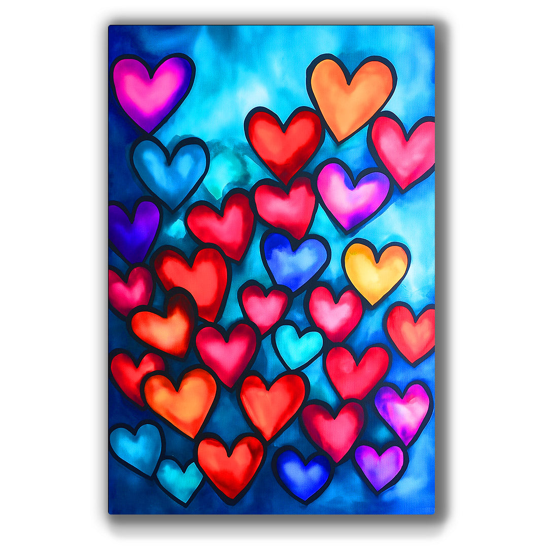 Vibrant metal wall art featuring a colorful heart collage that adds a playful touch to any space. Perfect for modern decor.