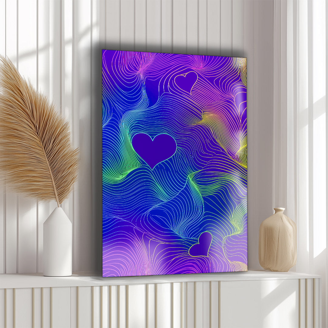 Vibrant metal wall art featuring a striking purple heart design, perfect for adding a bold touch to any space.