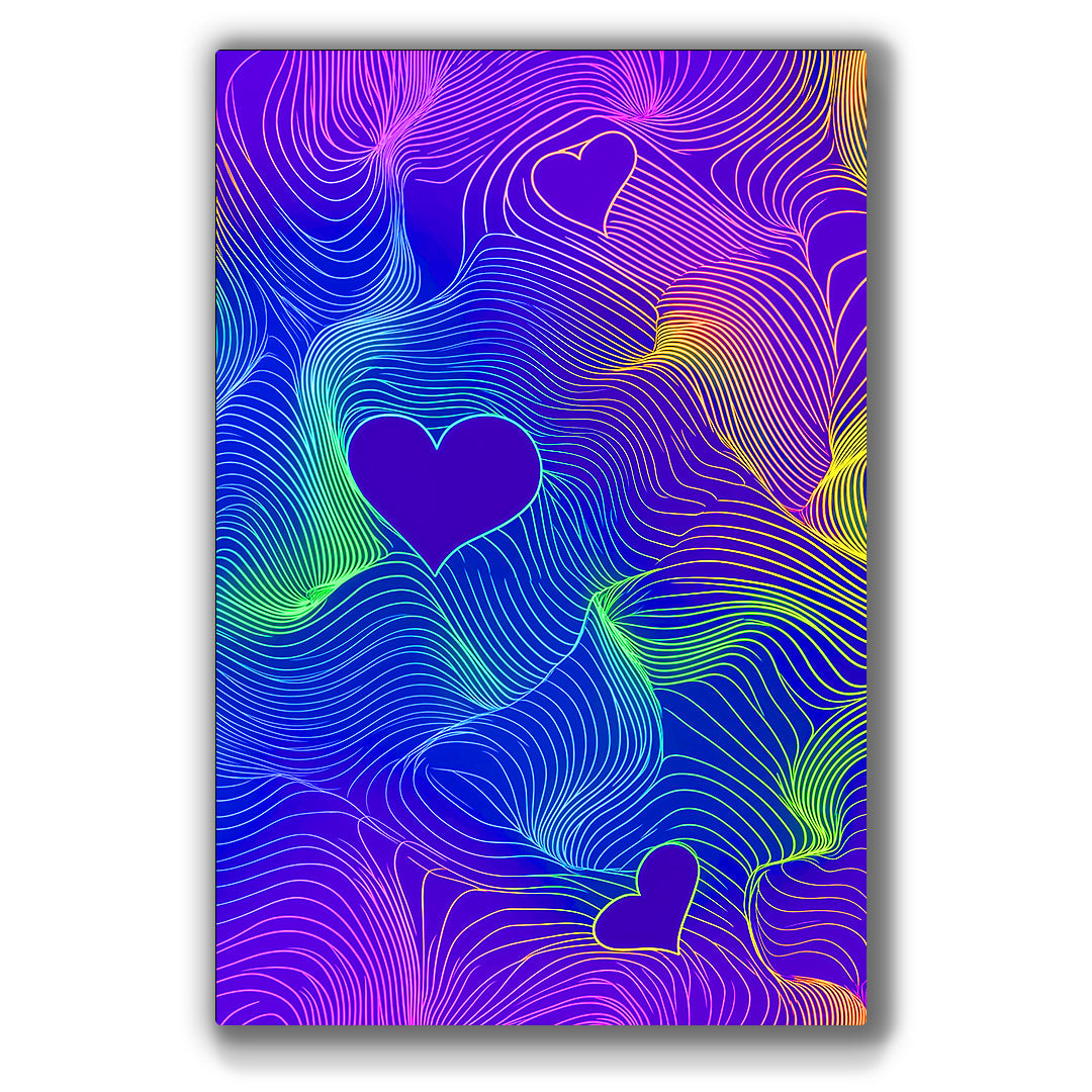 Vibrant metal wall art featuring striking purple hearts, perfect for adding a bold touch to any space.