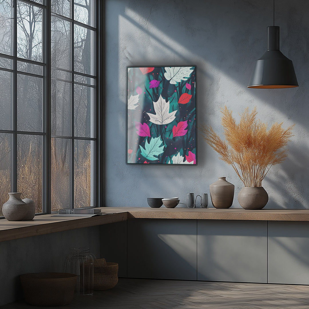 Vibrant metal wall art featuring colorful leaf designs, perfect for adding a lively touch to any kitchen space.