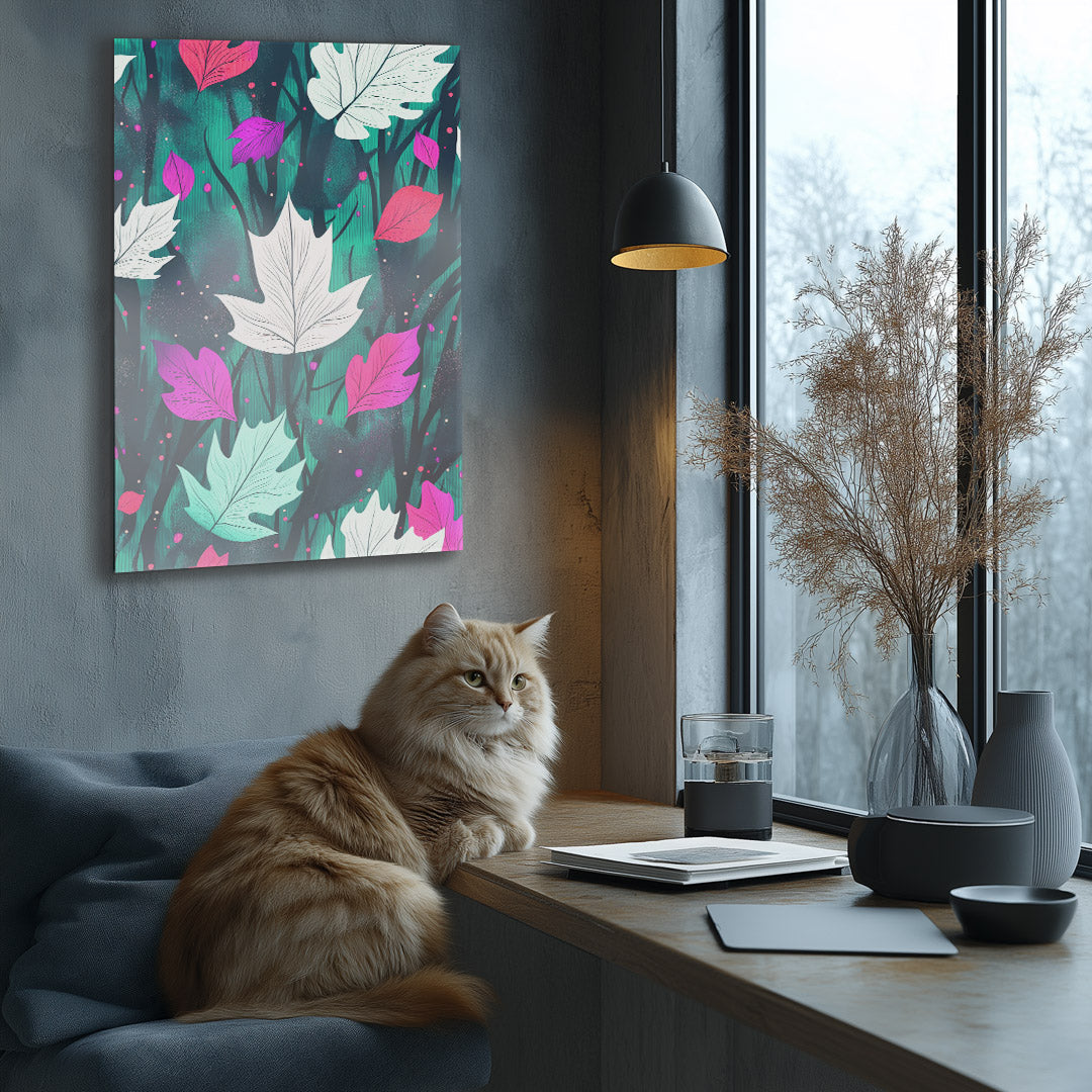 Colorful metal wall art showcasing vibrant leaves against a gray wall, adding a lively touch to any space.