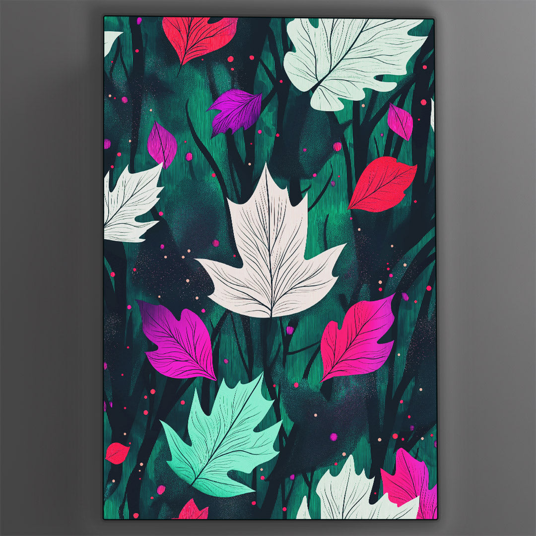 Vibrant metal wall art featuring colorful leaves against a sleek gray wall, adding a bold touch to any space.