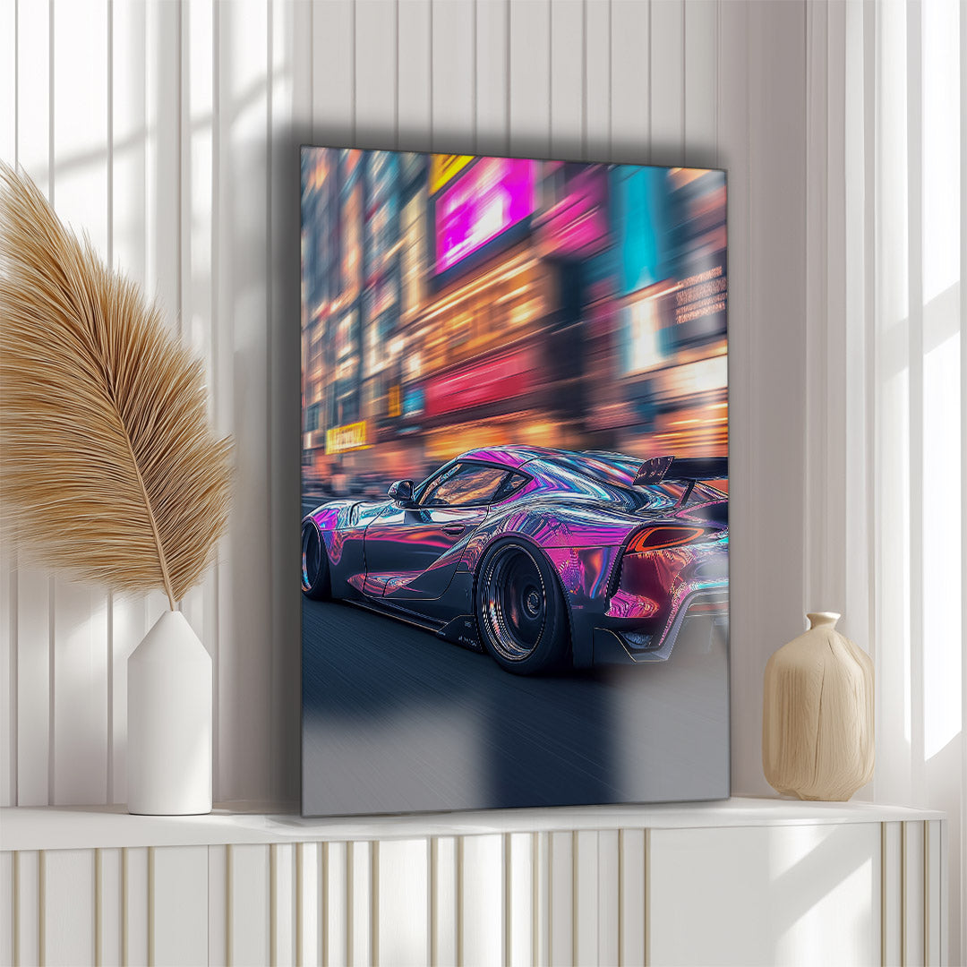 Vibrant metal wall art featuring a dynamic sports car in motion, perfect for adding energy and style to any space.