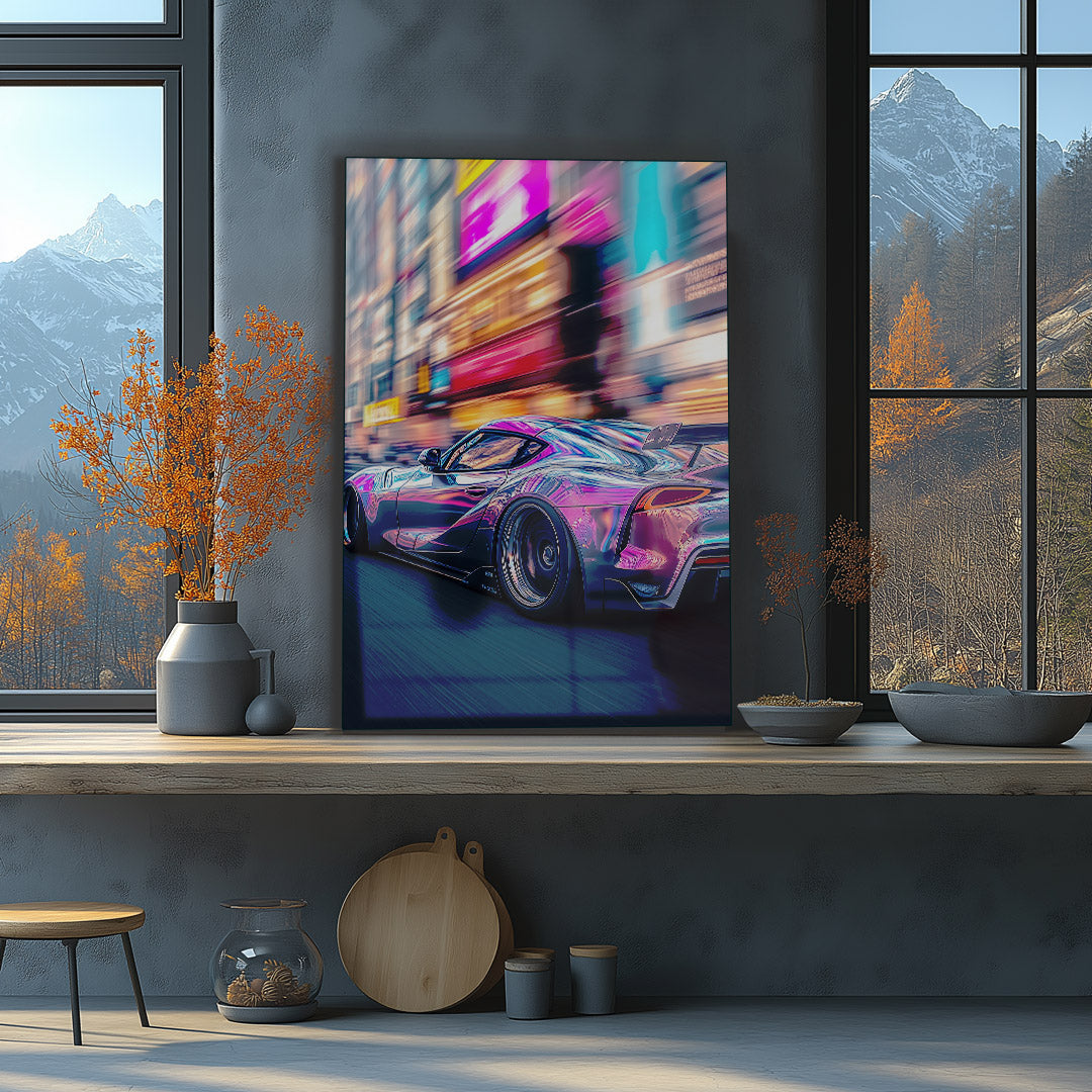 Vibrant metal wall art featuring a sleek sports car in dynamic motion, perfect for adding a touch of speed and style to any space.