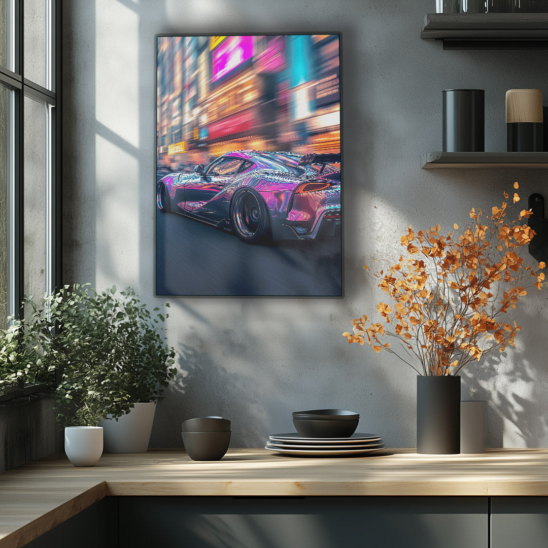 Vibrant metal wall art featuring a sleek sports car in dynamic motion, perfect for adding a touch of energy and style to any space.