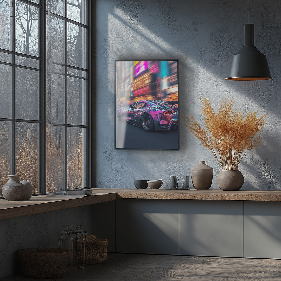 Vibrant metal wall art featuring a sleek sports car in dynamic motion, perfect for adding a bold touch to any space.