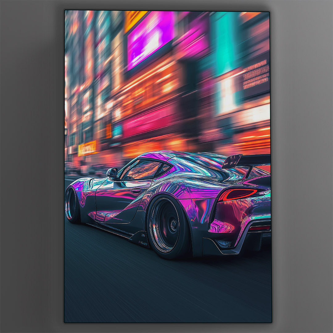 Vibrant metal wall art featuring a sleek sports car in dynamic motion against a textured gray backdrop, perfect for any automotive enthusiast.