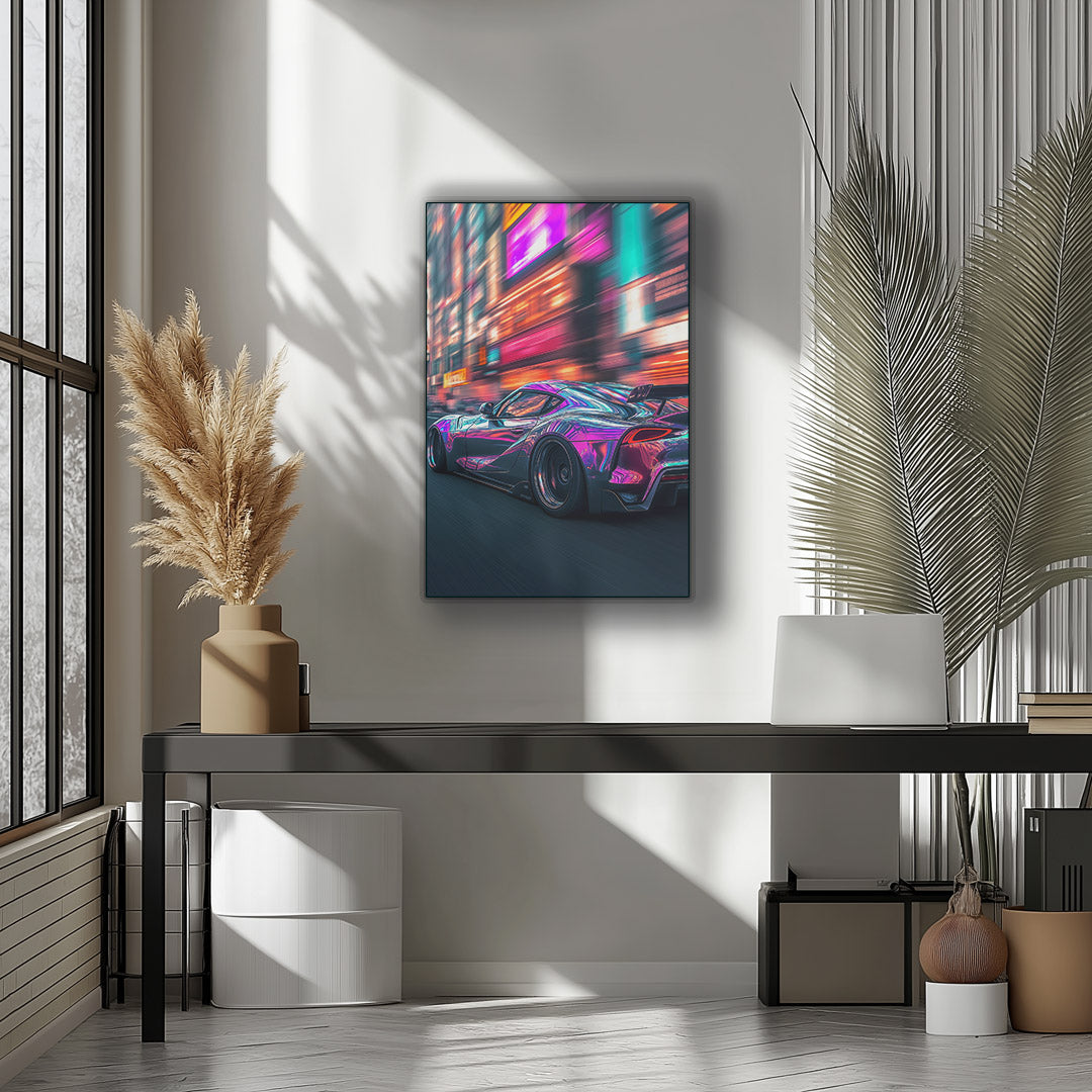 Vibrant metal wall art showcasing a sleek sports car in dynamic motion, perfect for adding energy to any space.