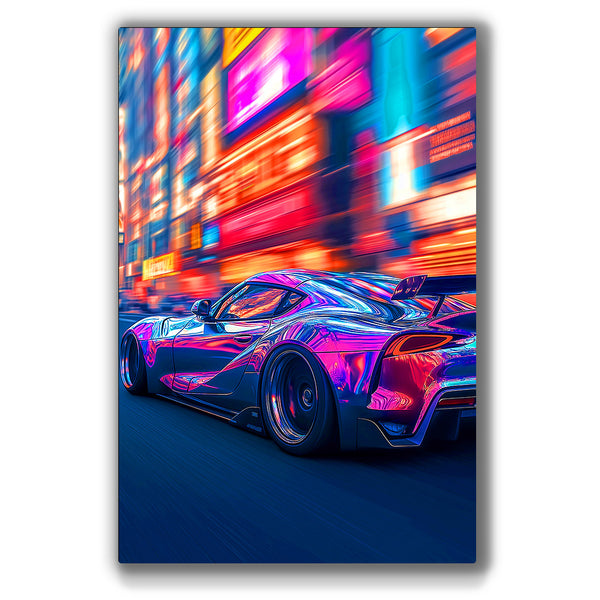 Vibrant metal wall art featuring dynamic sports car motion, perfect for adding an energetic touch to any space.