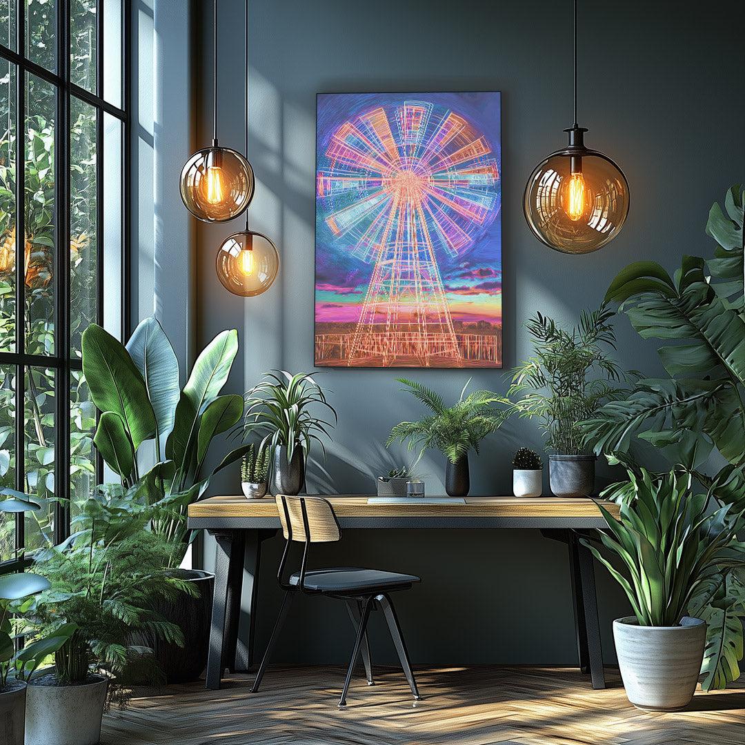 Vibrant metal wall art featuring intricate windmill line designs, perfect for adding a modern touch to any space.