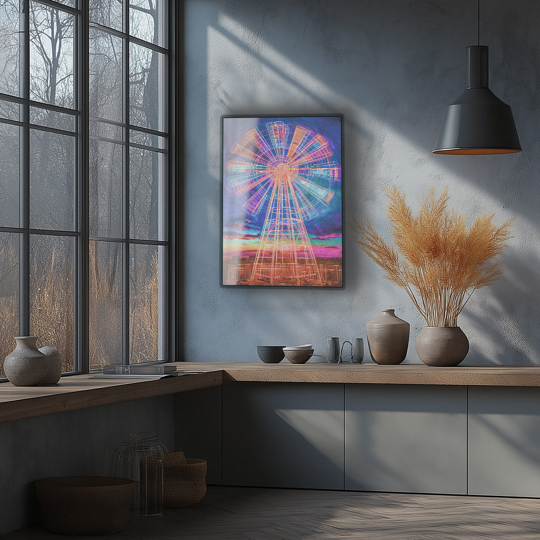 Vibrant metal wall art featuring a dynamic windmill design, perfect for adding a modern touch to any kitchen decor.