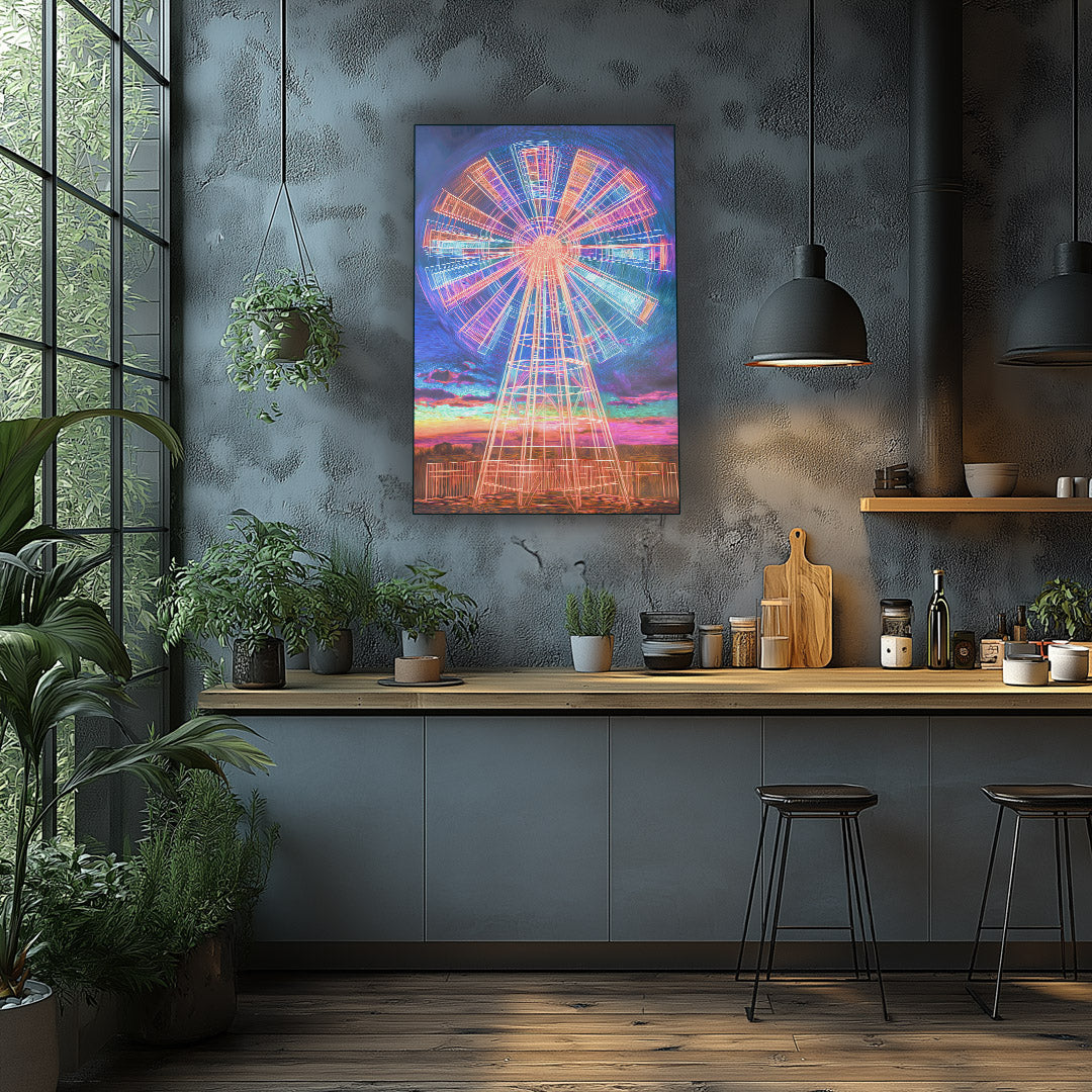 Vibrant metal wall art featuring a stylish windmill design, perfect for enhancing any kitchen with a modern touch.