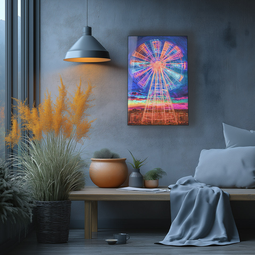 Vibrant metal wall art featuring a dynamic windmill design, perfect for adding a touch of modern elegance to any space.