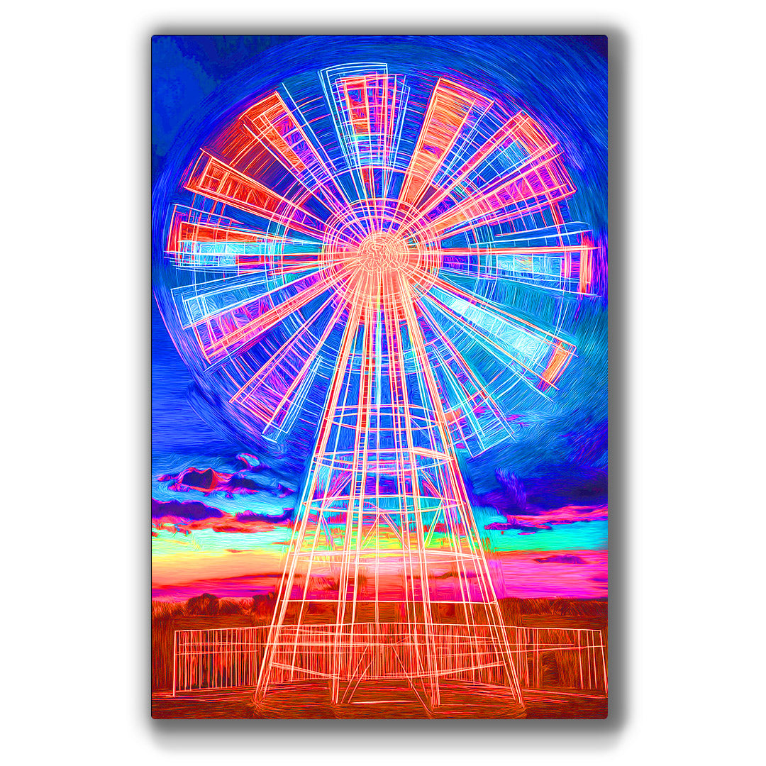 Colorful metal wall art featuring a dynamic windmill design, perfect for adding a touch of whimsy and charm to any space.