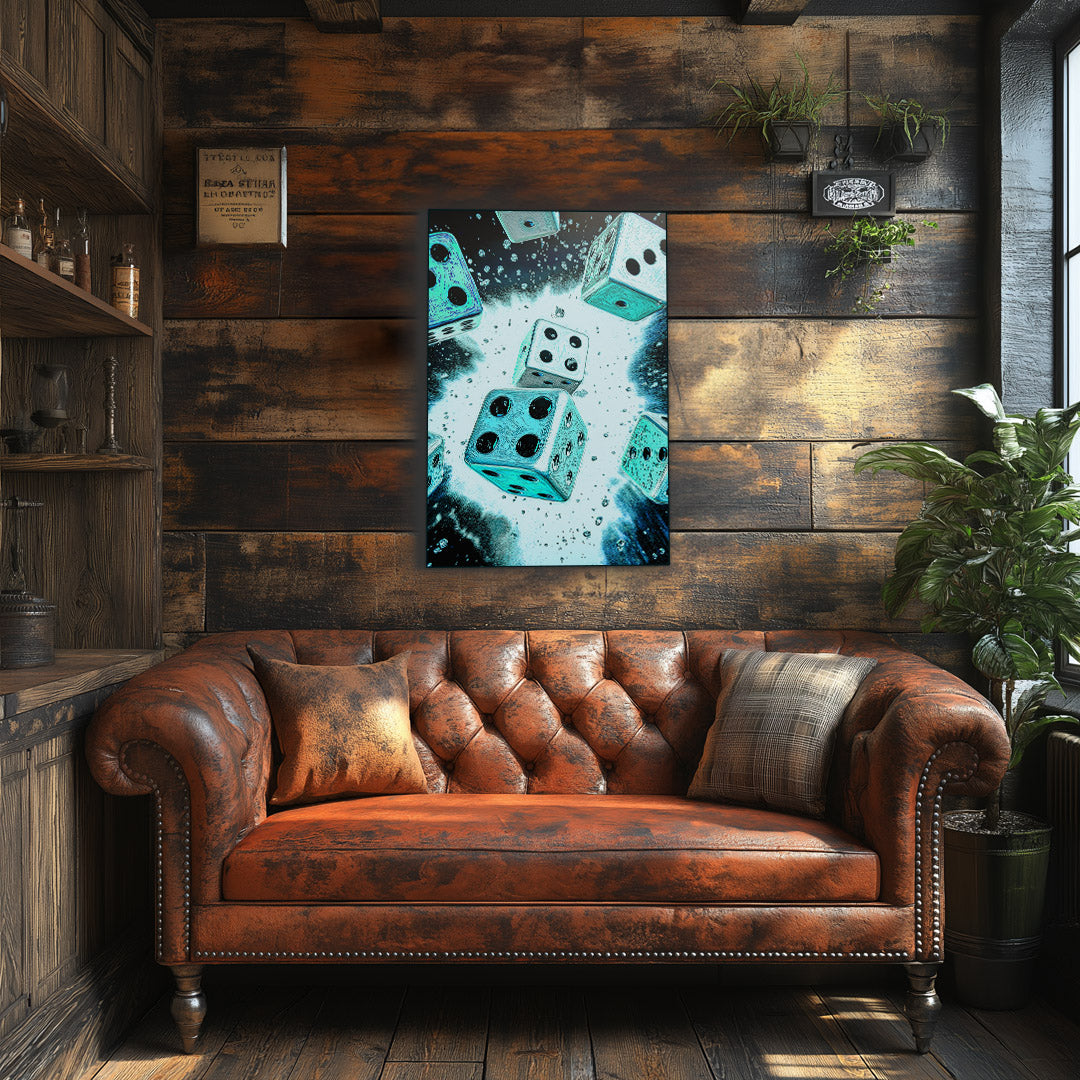 Vibrant blue metal wall art featuring dynamic dice design, perfect for adding a playful touch to any space.