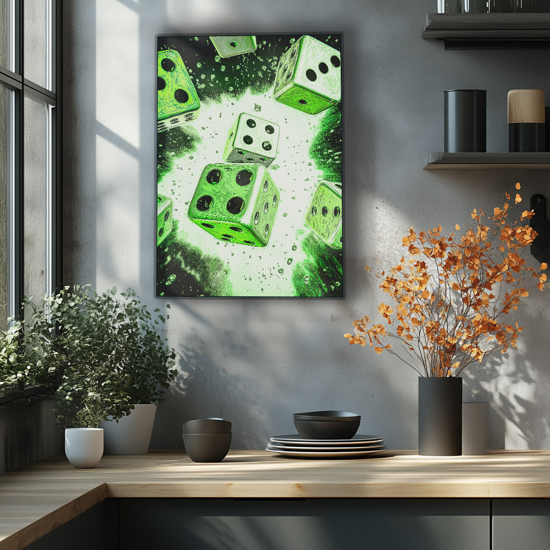 Vibrant green metal wall art featuring dynamic dice designs, perfect for adding a playful touch to any space.