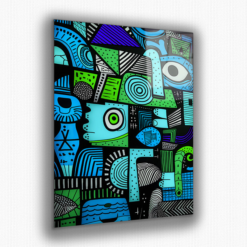 Abstract mosaic geometric metal wall art in Blue and Green