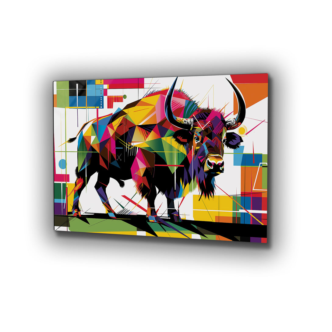 Vibrant metal wall art featuring a dynamic buffalo collage in a pop art style, perfect for adding a bold statement to any space.