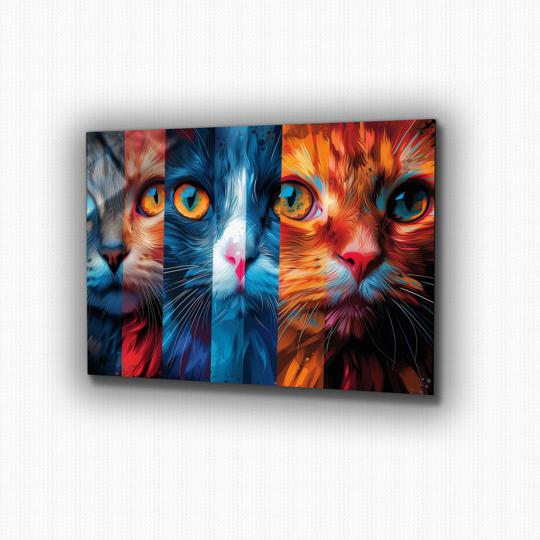 Vibrant metal wall art featuring a colorful cat collage, perfect for adding a playful touch to any space.