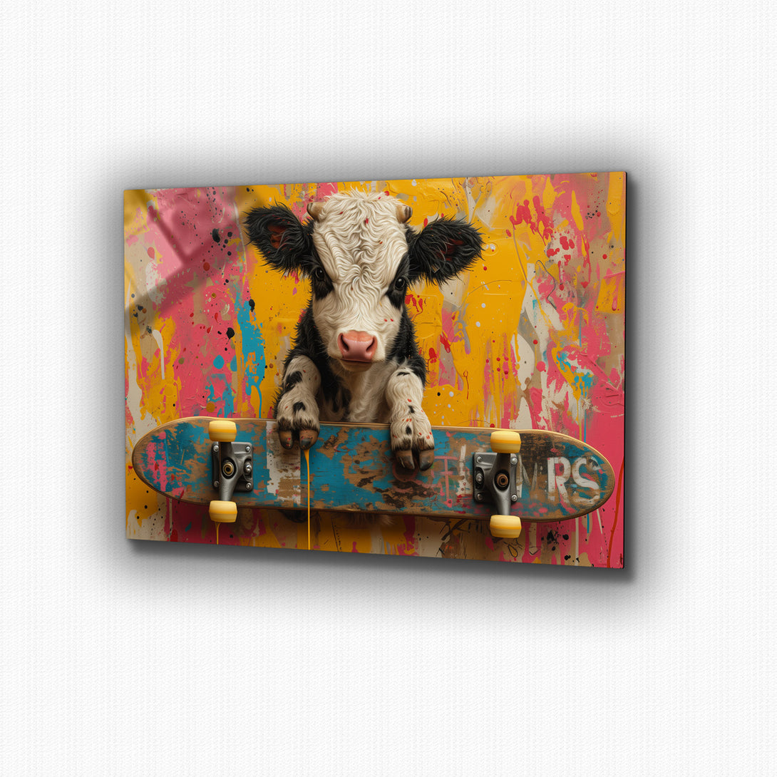 Vibrant metal wall art featuring a colorful pop art cow design that adds a playful touch to any space.