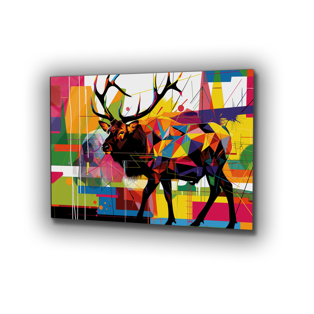 Vibrant metal wall art featuring a bold elk design in a geometric pop art style, perfect for adding a striking focal point to any space.