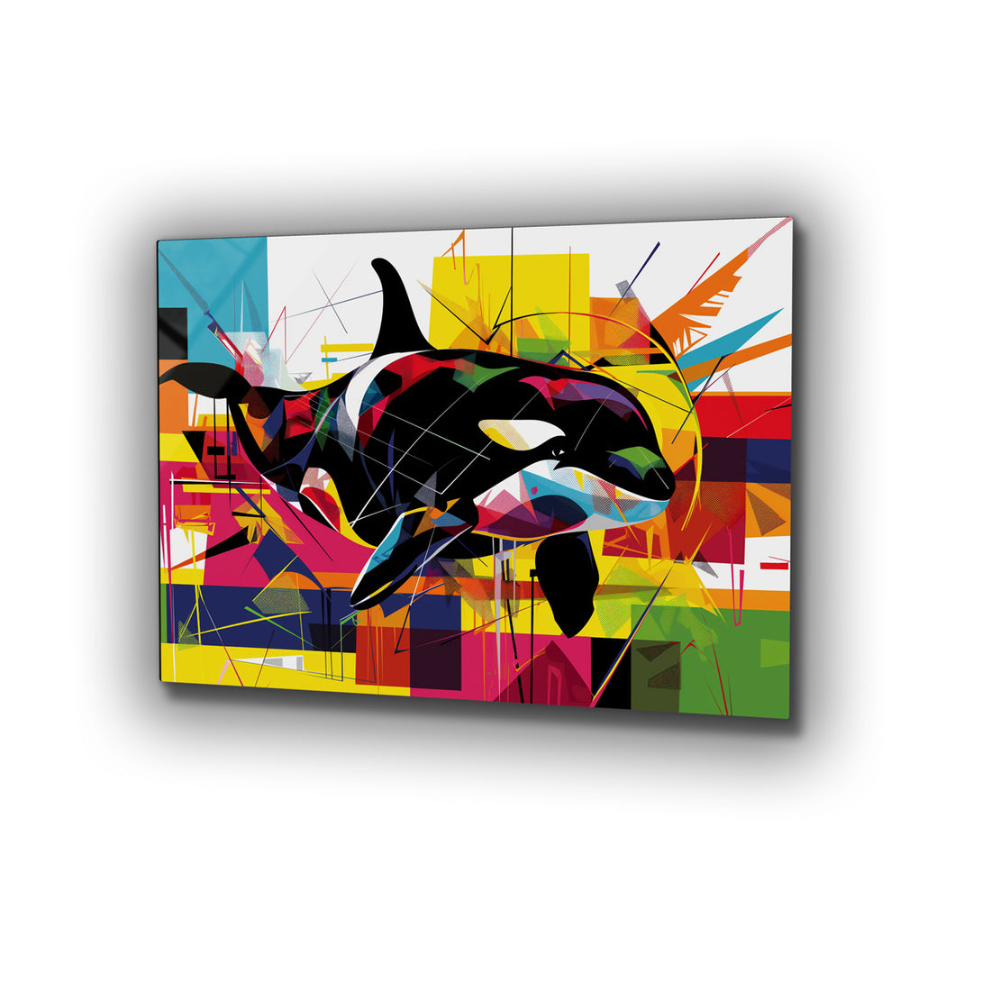 Vibrant metal wall art featuring a striking orca whale in a geometric pop art style, perfect for adding a bold touch to any space.