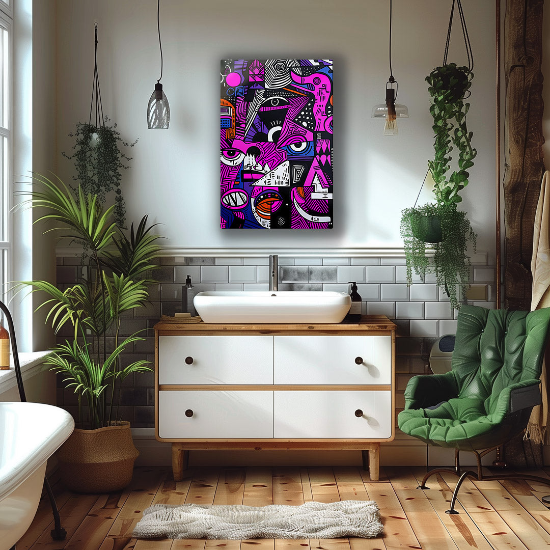 Vibrant metal wall art featuring a stunning design that adds a modern touch and colorful flair to any bathroom decor.