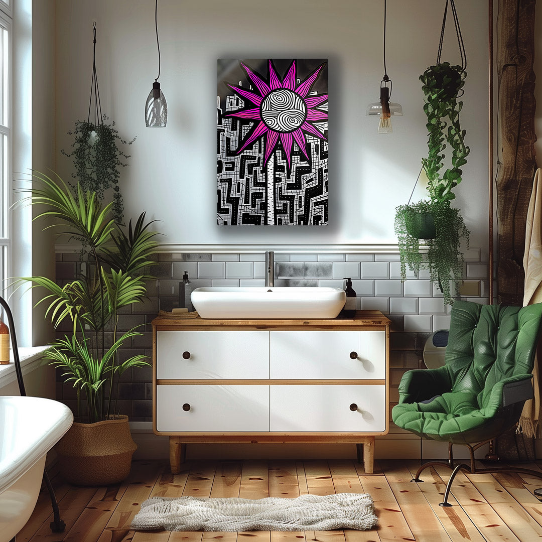 Vibrant metal wall art featuring bold colors and dynamic designs, perfect for enhancing any bathroom decor.