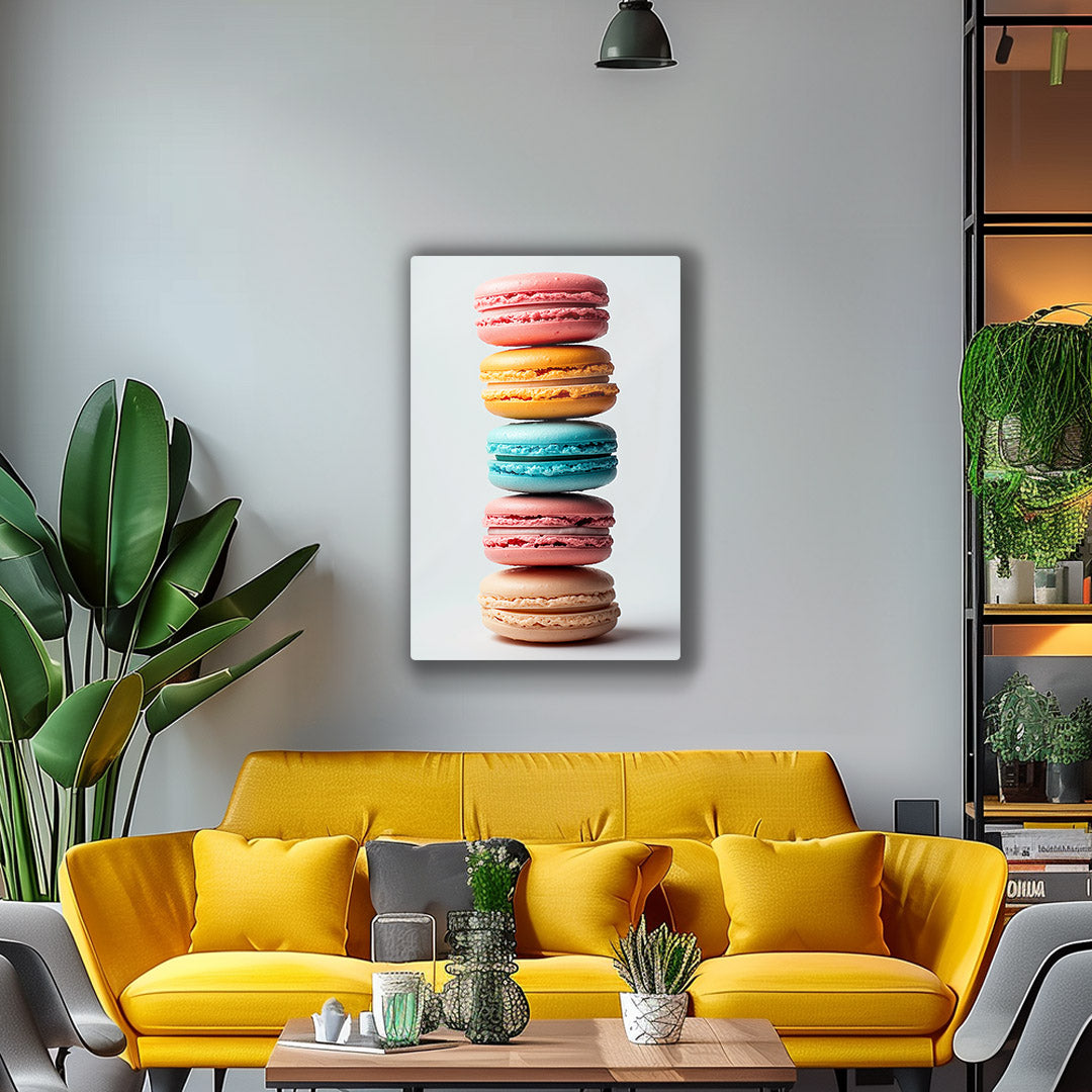 Vibrant metal wall art featuring a stunning yellow couch, adding a pop of color and modern flair to any space.