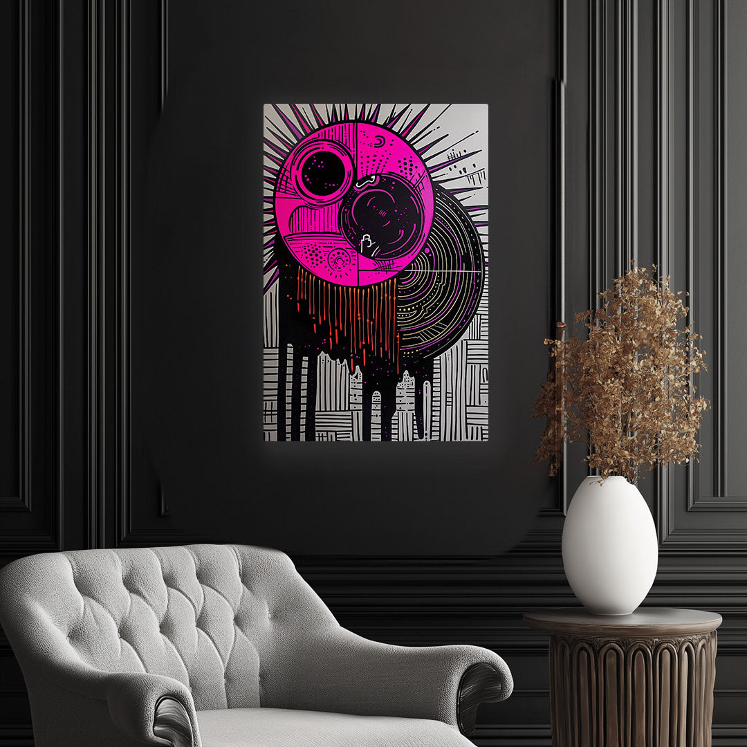 Vibrant metal wall art featuring a sleek design with bold colors and intricate patterns, perfect for elevating any space's aesthetic.