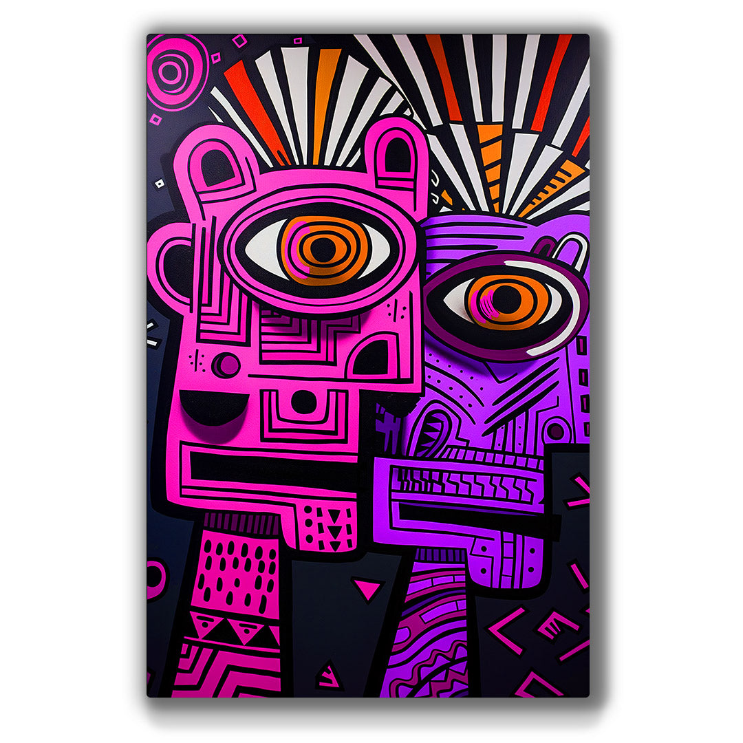 Vibrant metal wall art featuring bold colors and intricate designs, perfect for adding a striking focal point to any space.