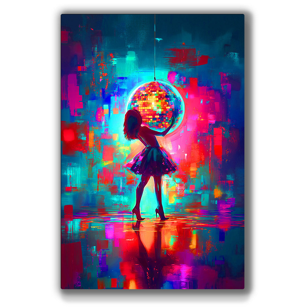 Vibrant metal wall art featuring a pop art girl holding a disco ball, perfect for adding a lively touch to any space.